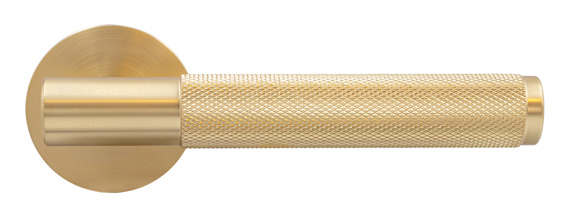 Ручка дверная AZRIELI MH-57-R6T MSG раздельная на круглой розетке, цвет матовый сатинированный золото, ЦАМ фото купить в Актобе