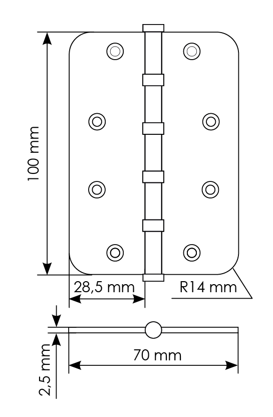 Петля стальная MSN-C 100X70X2.5-4BB SN скругленная универсальная с подшипником, вес полотна до 40 кг, цвет белый никель фото купить в Актобе